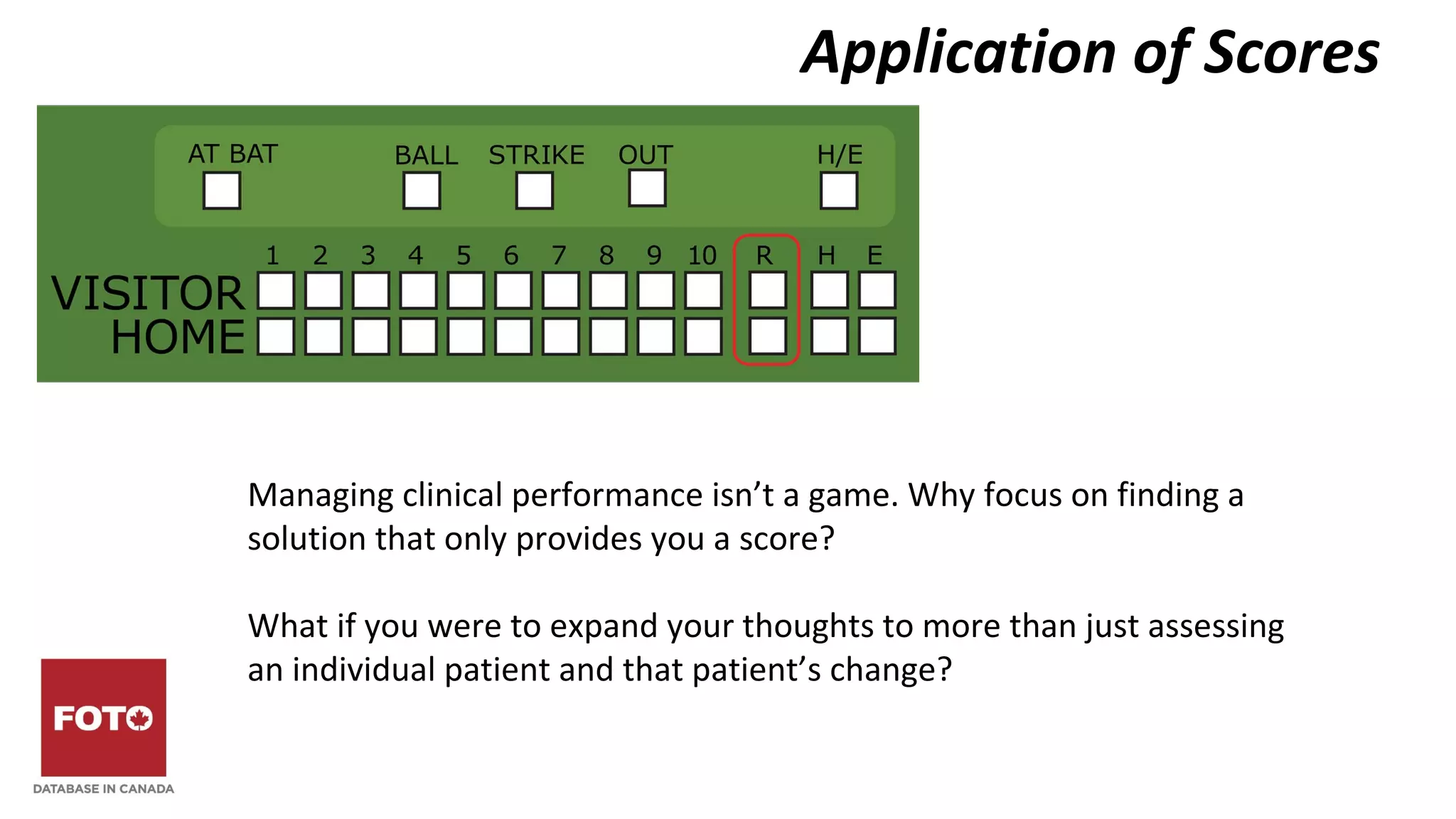 Application of Scores
Managing clinical performance isn’t a game. Why focus on finding a
solution that only provides you a score?
What if you were to expand your thoughts to more than just assessing
an individual patient and that patient’s change?
 