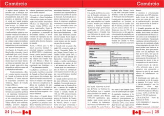 Comércio                                                                                                                                                                            Comércio
A análise desses gráficos faz      tribuem igualmente para forta-      autoridades brasileiras, e presta   aquele país.                        banhado pelo Oceano Pacífi-         francês.
perceber que a interação eco-      lecer nossas relações.              assistência aos exportadores ca-    Um grande problema na econo-        co, na costa Leste pelo Oceano      O território é extremamente
nômica entre Brasil e Canadá e     Do ponto de vista multilateral,     nadenses em questões de acesso      mia do Canadá, entretanto, é a      Atlântico e mar do Labrador e       urbanizado, pois 80% da popu-
principalmente dada pelo setor     o Canadá e o Brasil trabalham       ao mercado. A promoção do co-       falta de profissionais reconhe-     ao Norte pelo mar de Beaufort.      lação vivem em cidades, isso
primário, as industrias. |O Bra-   cada vez mais juntos na Organi-     mércio internacional e a assis-     cidos. Muitos deles deixam o        Grande parte da população está      ocorre por causa do nível alto
sil vende ao Canadá produtos       zação dos Estados Americanos        tência às empresas canadenses       país para trabalhar nos Estados     estabelecida na extensão da         de industrialização e atividade
principalmente da agricultura,     (OEA) e na Organização das          constituem o escopo do interes-     Unidos, atraídos por melhores       fronteira com os Estados Uni-       rural desenvolvida de forma in-
como açucar, e o Canadá ven-       Nações Unidas (ONU), entre          se dos Consulados-Gerais em         salários e menores impostos.        dos (6 mil km), extremo Sul do      tensiva e mecanizada.
de ao Brasil produtos diferentes   outras organizações. Áreas de       São Paulo e no Rio de Janeiro.      Ao mesmo tempo, profissionais       país. Os centros urbanos não se     O Canadá apresenta um dos
como adubos e fertilizantes.       interesse comum incluem a pes-      No ano de 2008, foram conce-        qualificados de outros países       distanciam mais de 350 km da        melhores indicadores sociais do
Essa boa relação ajuda no cres-    ca predatória, a promoção da        didos aproximadamente 17.000        imigram para o Canadá, mas          fronteira entre os dois paíse e a   mundo, desse modo, os índices
cimento comercial de ambos os      diversidade cultural, o envol-      vistos para brasileiros estuda-     seus diplomas de ensino supe-       concentração da população nes-      de analfabetismo são baixos, as-
2 países que por serem países      vimento em operações de ma-         rem no Canadá. Assim o país é       rior, muitas vezes, não são reco-   sa região ocorre em decorrência     sim como os de mortalidade in-
capitalistas têm a necessidade     nutenção da paz e avanços no        também hoje o destino interna-      nhecidos ali.                       do clima frio que predomina no      fantil e natalidade. A população
da venda e compra de produtos,     respeito pelos direitos humanos     cional número um dos brasilei-                                          restante do Canadá. O Norte,        canadense está envelhecendo, a
para que consigam se manter        no mundo.                           ros para fins de estudos.           DADOS                               muito frio, apresenta caracterís-   baixa taxa de natalidade aliada
competitivos e em crescimento,                                                                             GEOECONÔMICOS                                                           à boa expectativa de vida (80,4
                                   Assim, o Brasil, que é a 12ª        O Canadá está no grupo cha-
sem maiores consequências.         maior economia mundial e a          mado G8, composto ainda por                                                                                 anos) produz uma carência de
As relações do Canadá com o        principal máquina econômica         França, Alemanha, Itália, Ja-                                                                               mão-de-obra, pois aproximada-
Brasil estão crescendo, o que é    do MERCOSUL, é tradicional-         pão, Rússia, Reino Unido e os                                                                               mente 15% da população têm
confirmado pelo nível elevado      mente o maior parceiro comer-       Estados Unidos ,desde 2001, o                                                                               mais de 65 anos, fato que di-
de visitas oficiais, pela expan-   cial do Canadá na América do        país não tem sido afetado por                                                                               minui o PEA (População Eco-
são do comércio e de investi-      Sul. Depois dos Estados Uni-        depressões financeiras, pos-                                                                                nomicamente Ativa) do país. O
mentos e por um maior interes-     dos e do México, o Brasil é o       suindo a melhor performance                                                                                 percentual de idosos é alto se
se mútuo em aprender mais um       3º mais importante mercado de       econômica dos países da G8                                                                                  comparado ao de outros países.
sobre o outro, tanto sob a ótica   exportação nas Américas e o         e, até mesmo por esse fator, o                                                                              O desprovimento de mão-de-
das políticas públicas como sob    17º no panorama mundial.            Canadá pode ser considerado o                                                                               �obra suficiente para o setor
a perspectiva individual.          Os objetivos econômicos e re-       país do futuro na comparação                                                                                produtivo tem promovido o
        Tradicionalmente, o Bra-   lacionados à política comercial     com os países desenvolvidos, já                                                                             ingresso no país de um grande
sil é o maior parceiro comercial   do Canadá no Brasil são alcan-      que sua performance mundial                                                                                 número de trabalhadores es-
do Canadá na América do Sul.       çados através da avaliação dos      está cada vez melhor.                                                                                       trangeiros.
É também o 3º maior mercado        desenvolvimentos macroeconô-        O Canadá também possui uma                                                                                  A distribuição por idade des-
de exportação canadense nas        micos em relação a seu impacto      das mais influentes economias                                                                               ta população se dá da seguin-
Américas, depois de Estados        nos interesses canadenses e da      mundiais. Favorecido pela pro-                                                                              te maneira: 0�14 anos: 16,3%
Unidos e México.                   defesa de condições de mer-         ximidade com os Estados Uni-                                                                                (2.780.491 homens e 2.644.276
                                   cados mais livres, tratando-se      dos, e através do Acordo de         O Canadá, localizado na Amé-                                            mulheres);       15�64     anos:
Os dois países mantêm regu-
                                   das dificuldades comerciais que     Livre Comércio dos Estados          rica do Norte ou América An-        tica polar, o que impede o pro-     68,8% (11.547.354 homens e
larmente consultas bilaterais
                                   afetam de forma negativa o co-                                          glo-Saxônica, com o segundo         cesso de urbanização da região.     11.300.639 mulheres) e 65 anos
formais para questões políticas                                        Unidos e Canadá, tratado de
                                   mércio bilateral.                                                       maior território do mundo, su-                                          ou mais: 14,9% (2.150.991 ho-
e de segurança internacional.                                          FTA, de 1989, posteriormente,                                           A população canadense é for-
                                                                                                           perado somente pela Rússia,                                             mens e 2.788.945 mulheres).
A cooperação em diversas áre-      Além disso, o Canadá desen-         NAFTA (Acordo de Livre Co-                                              mada por povos autóctones,
as, tais como direitos humanos,    volve iniciativas de cooperação     mércio da América do Norte),        9.976.139 quilômetros qua-          asiáticos e, principalmente, eu-    LO�ALIZAÇÃO: Norte da
governança, federalismo, diver-    industrial, econômica e científi-   de 1994, que levou à inclusão       drados, onde vivem cerca de         ropeus (origem Britânica 40%        América do Norte.
sidade cultural, meio ambiente,    ca, promove as posições cana-       do México, obteve o cresci-         33,5 milhões de habitantes,         e francesa 25%). Esse último        FUSO HORÁRIO: 2 horas em
trabalho, assuntos indígenas,      denses mantidas em fóruns eco-      mento dos laços comerciais e        encontra-se no hemisfério Nor-      dado faz com que o país possua      relação à Brasília.
esportes, saúde e educação con-    nômicos internacionais junto às     da integração econômica com         te ocidental. Na costa Oeste é      duas línguas oficiais: inglês e     �LIMA: temperado continental


24 |Canadá                                                                                                                                                                                 Canadá       | 25
 