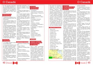 O Canadá                                                                                                                                                                        O Canadá
de valor agregado, biotecnolo-     sofisticadas instituições e con-                                      seus setores de tecnologia de       ONTÁRIO:                           produtos exportados.
gia, tecnologia ambiental, tec-    sórcios de pesquisa, além de        SETORES                           vanguarda e de rápido cresci-       COMPROMETIDA EM                    • A infraestrutura de telecomu-
nologias da informação e da co-    complexos científicos e empre-      ECONÔMICOS                        mento, como o de serviços para      APOIAR EMPRESAS                    nicações e transporte propor-
municação (TIC’s) e aparelhos      sariais.                            PRIORITÁRIOS                      empresas, financeiro, turísti-      ATRAVÉS:                           ciona conexões internacionais
médicos estão rapidamente se       • �obertura de banda larga su-      • Aeroespacial                    co e cultural. Seis das maiores                                        diretas.
equiparando aos setores tradi-                                                                                                               • da manutenção de baixas alí-
                                   perada apenas pela Coreia, no       • Agricultura & Agroalimentar     empresas automobilísticas do                                           • O sistema bancário do �ana-
cionais.                                                                                                                                     quotas de imposto de renda da
                                   mundo.                              • Biotecnologia e �iências da     mundo têm fábricas em Ontário.      pessoa jurídica;                   dá é reconhecidamente o mais
                                   • O �anadá Ocidental dispõe         Vida                              É o caso, também, de gigantes                                          sólido do mundo. Ontário é o
MERCADOS DE                                                                                                                                  • da oferta de generosos incen-
                                   de 12 universidades públicas        • Materiais de �onstrução                                                                                centro desse sistema.
EXPORTAÇÃO                                                                                               e líderes internacionais globais    tivos para o crescimento de em-
                                   e dezenas de faculdades e ins-                                                                            presas e para atingir o sucesso;   Força de Trabalho
                                                                       • Produtos Eletrônicos e Micro-   em setores como o de produtos
• Grande proximidade dos mer-      tituições técnicas, que treinam                                                                                                              • Ontário é a província com o
                                                                       eletrônicos                       químicos, Tecnologia da In-         • do apoio ao desenvolvimento
cados da América do Norte e da     pessoas para atuar no setor in-                                                                                                              maior número de habitantes,
Ásia�Pacífico                      dustrial.                           • Tecnologias Ambientais          formação (TI), aeroespacial e       de qualificações profissionais;
                                                                                                                                                                                com mais de 38% da população
• Portos marítimos fundos, com     • O �anadá Ocidental dispõe de      • Serviços Financeiros            serviços financeiros, o que cria    • da liderança no desenvolvi-
                                                                                                                                                                                do país de mais de 33 milhões
rápido transporte marítimo en-     mais de 300 programas e ser-        • Pesca                           uma ampla base industrial com       mento de tecnologias de ener-
                                                                                                                                                                                de pessoas.
tre a América do Norte e a Ásia-   viços de incentivo oferecidos                                         a estabilidade necessária para      gia limpa; e
                                                                       • Alimentos e Bebidas                                                                                    • Ontário abriga 39 das 100
�Pacífico                          pelo governo, visando propor-                                         resistir aos períodos de declínio   • do esforço para continuar sen-
                                                                       • Tecnologias da Informação e                                                                            principais empresas investido-
• Projetos da Passagem do Pací-    cionar treinamento e desenvol-                                        nos ciclos econômicos globais.      do um dos mercados mais ino-
                                                                       da Comunicação                                                                                           ras em P&D.
fico para expandir a capacidade    ver aptidões.                                                                                             vadores e estáveis do mundo
                                                                       • Fabricação de Máquinas e                                            em que se pode investir.           • Ontário abriga pessoas de
de transporte marítimo da cos-     • O �anadá Ocidental propor-        Equipamentos                      PRINCIPAIS CIDADES                                                     mais de 200 diferentes origens
ta oeste do Canadá, inclusive      ciona acesso confiável a ma-                                                                              Ambiente de Negócios
                                                                       • Mídia                           • Barrie (ON)                                                          étnicas, que falam mais de 100
de infraestrutura, tecnologia de   térias-primas seguras e de alta                                                                           • Em 2009, o governo de On-        idiomas.
transporte e iniciativas na área   qualidade.                          • Aparelhos Médicos               • �hatham�Kent (ON)                 tário propôs reduzir impostos
                                                                       • Mineração                                                                                              • Em geral, 59% dos habitantes
de segurança de fronteiras         • O �anadá Ocidental dispõe de                                        • Guelph (ON)                       de empresas em C$4,5 bilhões
                                                                                                                                                                                de Ontário com idade entre 25 e
• Redes de transporte eficientes   água, esgoto e energia elétrica a   • Nanotecnologia                                                      por um período de três anos.
                                                                                                         • Hamilton (ON)                                                        64 anos concluíram cursos em
e abrangentes – por caminhão,      preço acessível.                    • Petróleo e Gás Natural                                              Quando esse pacote de reforma
                                                                                                         • Kingston (ON)                                                        nível pós-curso secundário, a
por via aérea, e por ferrovia –                                                                                                              tributária estiver implantado,     porcentagem mais elevada en-
                                   • O �anadá Ocidental é o an-        • Produtos Petroquímicos
completamente integradas com                                                                             • London (ON)                       a alíquota marginal efetiva de     tre os países da OCDE/G7.
                                   fitrião dos Jogos Olímpicos de      • Turismo
as redes dos Estados Unidos                                                                                                                  imposto sobre novos negócios
                                   Inverno de 2010 (Vancouver/                                           • Oshawa (ON)                                                          • Ontário abriga 20 universi-
                                                                                                                                             pode diminuir pela metade,
                                   Whistler).                          ONTÁRIO                           • Ottawa�Gatineau (ON)              tornando Ontário uma das ju-       dades e 24 faculdades de artes
PRINCIPAIS                                                                                                                                                                      aplicadas e tecnologia, o que
VANTAGENS                                                                                                • Peterborough (ON)                 risdições mais competitivas do
                                                                 CANADÁ CENTRAL,                                                             mundo industrializado para no-     garante um fluxo constante de
• O �anadá Ocidental produz        PRINCIPAIS CIDADES                                                    • Região de Waterloo (ON)                                              profissionais formados.
                                                                 CENTRO DO MUNDO                                                             vos investimentos.
32% do PIB do país.                • Abbotsford (�olumbia Britâ- DOS NEGÓCIOS                            • St. �atharines�Niagara (ON)                                          • Ontário responde por 40% de
                                                                                                                                             • Ontário abriga quase 40% de
• O crescimento econômico real     nica)                         DO CANADÁ                               • Sudbury (ON)                                                         todos os empregos no país.
                                                                                                                                             todas as matrizes de empresas
das quatro províncias ociden-      • �algary (Alberta)                 Com a maior concentração          • Thunder Bay (ON)                  canadenses e 59% das empresas      Outras Principais Vantagens
tais supera a média canadense.     • �hilliwack (�olumbia Britâ-                                                                             estrangeiras sediadas no Cana-     • Mais de 40% da população da
                                                                       populacional do país, a gran-     • Toronto (ON)
• O �anadá Ocidental se clas-      nica)                               de proximidade do gigantesco                                          dá.                                América do Norte vive a uma
sifica em primeiro lugar em        • Edmonton (Alberta)                                                  • Windsor�Essex (ON)                • Empreendedores e investido-      distância de um dia de carro da
                                                                       mercado dos Estados Unidos
termos de estilo de vida, per-     • Kelowna (�olumbia Britâni-                                                                              res podem constituir uma em-       região central de Ontário.
mitindo que empresas atraiam e                                         e muitos aspectos positivos no
                                   ca)                                 plano industrial, Ontário rapi-                                       presa rapidamente. Em geral,       • O ambiente regulatório é equi-
mantenham talentos vindos de                                                                                                                 isso exige um único passo para     librado e transparente – cumprir
todo o mundo.                      • Regina (Saskatchewan)             damente se tornou a força mo-
                                                                                                                                             se iniciar um negócio, compa-      as normas é relativamente sim-
• O �anadá Ocidental dispõe de     • Saskatoon (Saskatchewan)          triz da economia canadense e a                                        rado com até 20 em outros paí-     ples e descomplicado.
nove importantes aeroportos,       • Vancouver (�olumbia Britâni-      sede de ampla gama de opera-                                          ses industrializados.              • A sociedade é multicultural e
inclusive seis aeroportos inter-   ca)                                 ções multinacionais.                                                  • Ontário responde por 48% do      Ontário recebe mais imigran-
nacionais.                         • Victoria (�olumbia Britânica)     No século 21, Ontário é inter-                                        total de embarques nacionais de    tes anualmente do que qualquer
• O �anadá Ocidental dispõe de     • Winnipeg (Manitoba)               nacionalmente reconhecida por                                         produtos fabricados e 42% dos      outra província do Canadá.


42 |Canadá                                                                                                                                                                              Canadá       | 43
 