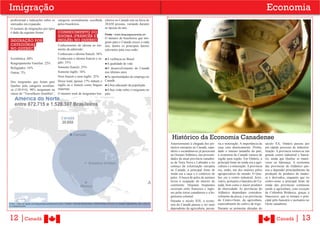 Imigração                                                                                                                                                                                                                 Economia
 profissional e indicações sobre os categoria normalmente escolhida sileiros no Canadá esta na faixa de
 mercados em expansão.              pelos brasileiros.              20.650 pessoas, variando durante
 O numero de imigrações por tipos                                   as épocas do ano.
 é dado da seguinte forma:          CONHECIMENTO DO
                                                                                             Fonte: <www.languagescanada.ca>
                                               IDIOMA (FRANCÊS E
                                                                                 O número de brasileiros que imi-
 IMIGRAÇÃO POR                                 INGLÊS) NO QUEBEC                 gram para o Canadá cresce a cada
 CATEGORIAS                                    Conhecimento do idioma no mo- ano, dentre os principais fatores
 NO QUEBEC                                     mento da admissão:                relevantes para isso estão:
                                               �onheciam o idioma francês: 56%
 Econômica: 60%                                Conheciam o idioma francês e in- ●A violência no Brasil
 Reagrupamento Familiar: 22%                   glês: 33%                         ●A qualidade de vida
 Refugiados: 16%                               Somente francês: 23%              ●O desenvolvimento do �anadá
 Outras: 2%                                    Somente inglês: 18%               nos últimos anos
                                               Nem francês e nem inglês: 25%     ●As oportunidades de emprego no
 Dos imigrantes que foram para                 Desse total, apenas 17% tinham o Canadá
 Quebec pela categoria econômi-                inglês ou o francês como línguas ●A boa educação da população
 ca (130.914), 90% imigraram na                maternas.                         ●A boa visão sobre o imigrante no
 classe de “Travailleurs Qualifiés”,           O número total de imigrantes bra- país.




                                                                                                                                             Histórico da Economia Canadense
                                                                                                                                            Anteriormente à chegada dos pri-      ria e mineração. A importância da      século XX, Ontário passou por
                                                                                                                                            meiros europeus ao Canadá, espa-      caça caiu drasticamente. Porém,        um rápido processo de industria-
                                                                                                                                            nhóis e escandinavos já pescavam      dado o imenso tamanho do país,         lização. A província tornou-se um
                                                                                                                                            no Oceano Atlântico, nas proximi-     a economia do Canadá variava de        grande centro industrial e bancá-
                                                                                                                                            dades da atual província canaden-     região para região. Em Ontário, a      rio, ainda que Quebec se manti-
                                                                                                                                            se de Terra Nova e Labrador e no      principal fonte de renda era a agri-   vesse na liderança. A economia
                                                                                                                                            começo da colonização européia        cultura e a mineração. A província     das províncias do Atlântico pas-
                                                                                                                                            no Canadá, a principal fonte de       era, então, um dos maiores pólos       sou a depender principalmente da
                                                                                                                                            renda era a caça e o comércio de      agropecuários do mundo. O Que-         produção de produtos de madei-
                                                                                                                                            peles. A busca de peles de animais    bec era o centro industrial, ferro-    ra e derivados, enquanto que no
                                                                                                                                            levou à ocupação do interior do       viário, portuário e bancário do Ca-    centro-oeste a principal fonte de
                                                                                                                                            continente. Disputas freqüentes       nadá, bem como o maior produtor        renda das províncias continuou
                                                                                                                                            ocorriam entre franceses e ingle-     de eletricidade. As províncias do      sendo a agricultura, com exceção
                                                                                                                                            ses pelas terras canadenses e a he-   Atlântico dependiam considera-         da Colúmbia Britânica, graças à
                                                                                                                                            gemonia colonial.                     velmente da pesca, e as províncias     Vancouver, que se tornara o prin-
                                                                                                                                            Durante o século XIX, a econo-        do Centro-Oeste, da agricultura,       cipal pólo bancário e portuário no
Fonte: < http://g1.globo.com/Sites/Especiais/Noticias/0,,MUL1234058-17083,00-BRASILEIROS+APROVEITAM+POLITICA+E+VIRAM+IMIGRANTES+DE+LUXO+N
                                                                                                                                            mia do Canadá passou a ser mais       especialmente do cultivo de trigo.     Oeste canadense.
O+CANADA.html>
                                                                                                                                            dependente da agricultura, pecuá-     Durante as primeiras décadas do


12 |Canadá                                                                                                                                                                                                                       Canadá         | 13
 