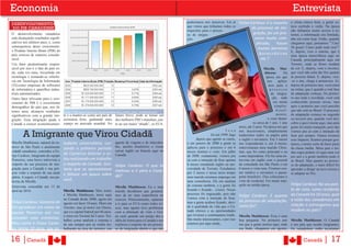 Economia                                                                                                                                                                                        Entrevista
                                                                                                                     poderíamos nos inscrever. Foi aí   Felipe Cardoso: E a respeito           o clima estava bom, a gente es-
DESENVOLVIMENTO
                                                                                                                     que vimos que tínhamos todos os                                           tava curtindo o verão. Na época
DO PIB CANADENSE                                                                                                                                                do processo de imi-
                                                                                                                     requisitos para o proces-                                                 não tínhamos muito acesso à in-
O desenvolvimento canadense                                                                                          so de imigra-                               gração, foi um pro-           ternet, a informação era limitada,
está alcançando resultados signifi-                                                                                  ção.                                         cesso muito com-             não era como hoje. Então, quando
cativos nos últimos anos, e, como                                                                                                                                  plicado, houve              chegamos aqui, pensamos “‘Uau!
consequencia desse crescimento,                                                                                                                                                                30 graus! Como pode tudo isso!”
o Produto Interno Bruto (PIB) do
                                                                                                                                                                    muitas barreiras
                                                                                                                                                                                               E, depois, veio o outono, que é
país cresceu de maneira conside-                                                                                                                                     burocráticas              uma época maravilhosa aqui no
rável.                                                                                                                                                                etc.?                    Canadá, principalmente aqui em
Um fator predominante respon-                                                                                                                                                                  Toronto, onde as flores mudam
sável por isso é o fato do país es-                                                                                                                                       Mirella Mat-         de cor. E, depois, vem o inverno,
tar, cada vez mais, investindo em                                                                                                                                          thiesen:      Na    que você não acha tão frio quanto
tecnologia e tornando-se referên-                                                                                                                                           época em que       às pessoas falam. E, depois, vira-
cia em Tecnologia de Informação                                                                                                                                              nos     aplica-   -se o ano, chega à primavera. Aí,
(TI),como empresas de softwares                                                                                                                                               mos para o       depois do primeiro ano, você entra
de informática e aparelhos indus-                                                                                                                                              processo        na rotina, que é quando a real fase
triais automatizados.                                                                                                                                                          de imigra-      de adaptação começa. No primei-
Outro fator relevante para o cres-                                                                                                                                              ção, tudo      ro ano tudo é novidade, você está
cimento do PIB é o crescimento                                                                                                                                                   era muito     conhecendo pessoas novas, mas
demográfico do país que, nos úl-                                                                                                                                                  simples.     após o primeiro ano você percebe
timos anos, alcançou resultados Fonte: < http://www.indexmundi.com/pt/canada/produto_interno_bruto_%28pib%29.html>                                                                 Atual-      que não está no Brasil. O processo
significativos com a grande imi- te e a manter-se como um país de futuro breve, pode se tornar um                                                                                  mente,      de adaptação começa no segundo
gração. Essa imigração ajuda o economia forte, ganhando mais dos melhores PIB’s mundiais, jun-                                                                               o visto demo-     ou terceiro ano, quando você des-
Canadá a crescer economicamen- espaço no mercado mundial. No to ao seu maior “aliado”, os EUA.                                                                    ra cerca de 1 ano, 1 ano     cobre o que é morar aqui, mas para
                                                                                                                                                        meio, até 2 anos. Na época em que      gente foi muito tranquilo, pois não
                                                                                                                                                  I s s o
        A Imigrante que Virou Cidadã                                                                                                  foi em 1999, logo
                                                                                                                            depois que agente se casou,
                                                                                                                                                        nos inscrevemos, simplesmente
                                                                                                                                                        traduzimos todos os papéis para
                                                                                                                                                        o inglês e enviamos. Em 3 meses
                                                                                                                                                                                               viemos pra cá com a intenção de
                                                                                                                                                                                               ficar pra sempre. Nunca tivemos
                                                                                                                                                                                               esse impacto, ficamos porque gos-
Mirella Matthiesen, natural do in- tudante universitário, cur-               agente de viagens e de intercâm-        e em janeiro de 2000 a gente se    nos responderam e, em 4 meses,         tamos, e temos sorte de fazer parte
terior de São Paulo e atualmente sando o primeiro período                    bio, auxílio brasileiros a virem        aplicou para o processo e em 6     entrevistaram meu marido Chris-        da classe média. Meus pais e mi-
cidadã canadense, concedeu a Fe-                                             cursar inglês ou francês aqui no        meses tiramos o visto. Em julho    tian, que foi como principal e eu      nha sogra podem vir aqui uma vez
lipe Cardoso, integrante da equipe
                                    de Comércio Exterior e es-               Canadá.                                 de 2000, exatamente, viemos pra    como dependente. Ele fez uma en-       por ano e a gente também pode ir
Pioneiros, uma breve entrevista a tou realizando um trabalho                                                         cá com a intenção de ficar apenas  trevista em inglês com o pessoal       ao Brasil. Mas quanto ao proces-
respeito do seu processo de imi- a respeito do Canadá. Gos-                  Felipe Cardoso: O que te                6 meses estudando inglês na uni-   do consulado em São Paulo e em         so de adaptação, o mais difícil foi
gração para o Canadá e sua pró- taria que se apresentasse                                                            versidade de Toronto. Estudamos    6 meses o visto saiu. Fizemos exa-     aprender a dirigir na neve (risos) e
pria visão a respeito de sua atual e falasse um pouco sobre
                                                                             motivou a ir para o Cana-               por 2 meses e nesse meio tempo     me médico e enviamos o passa-          se adaptar ao frio.
pátria. A seguir, o Canadá, nas pa-                                          dá?                                     meu marido arrumou emprego em      porte brasileiro. Eles colocaram o
lavras de Mirella.
                                    você.                                                                            uma consultoria. Ele era analista  visto de residente. Foi muito tran-
                                                                                                                     de sistema também, e a gente foi   quilo na minha época.             Felipe Cardoso: No seu pon-
Entrevista concedida em 13 de                                                Mirella Matthiesen: Eu e meu
abril de 2010.                      Mirella Matthiesen: Meu nome             marido decidimos que gostaría-          ficando e ficando... (risos). Nosso                                  to de vista, como residente
                                                                                                                     processo foi engraçado, pois não
                                    é Mirella Matthesen, moro aqui           mos de ter uma experiência no                                                Felipe Cardoso: E quanto do Canadá há 10 anos, qual
                                    no Canadá desde 2000, agora em           exterior. Primeiramente, optamos        viemos com a intenção de ficar,                                      a visão dos canadenses em
Felipe Cardoso: Gostaria de agosto vai fazer 10 anos. Moro em                a ir para os EUA como todos (ri-        mas a gente acabou ficando, devi- ao processo de adaptação,
                                                                                                                     do á qualidade de vida que o Ca- como foi?                           relação a estrangeiros que
lhe agradecer em nome da Toronto, mas já morei em Otawa,                     sos), mas agente teve problemas
                                                                                                                     nadá oferece e as oportunidades                                      residem no país?
equipe Pioneiros por nos que é a capital federal por 04 anos,                com a obtenção de visto e Gre-
                                                                                                                     que tivemos e continuamos tendo. Mirella Matthiesen: Essa é uma
conceder esta entrevista. e estou como analista e anos. Tra-
                                    balhei
                                           em Toronto há 5
                                                           sistema e
                                                                             en card, quando um amigo deu a
                                                                                                                     São muito interessantes, e por isso boa pergunta. No primeiro ano Mirella Matthiesen: O Canadá
                                                                             idéia de irmos para o Canadá e nos
Meu nome é Felipe Cardo- de uns tempos pra cá venho tra-                     explicou a respeito de um proces-       estamos por aqui ainda...            em que a gente morou aqui, tudo é um país que recebe imigrantes.
so, tenho 18 anos, sou es- balhando na área de turismo, sou                  so de imigração aberto e que nós                                             era lindo, chegamos em agosto, Os canadenses estão acostuma-


16 |Canadá                                                                                                                                                                                              Canadá         | 17
 