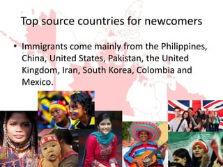 Top source countries for newcomers
• Immigrants come mainly from the Philippines,
China, United States, Pakistan, the United
Kingdom, Iran, South Korea, Colombia and
Mexico.
 