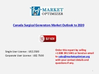 Canada Surgical Generators Market Outlook to 2020
Single User License : US$ 2500
Corporate User License : US$ 7500
Order this report by calling
+1 888 391 5441 or Send an email
to sales@marketoptimizer.org
with your contact details and
questions if any.
1
 