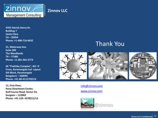 Zinnov LLC


4701 Patrick Henry Dr.
Building 7
Santa Clara
CA – 95054
Phone: +1-408-716-8432

21, Waterway Ave,
                                                        Thank You
Suite 300
The Woodlands
TX – 77380
Phone: +1-281-362-2773

69 "Prathiba Complex", 4th 'A'
Cross, Koramangala Ind. Layout
5th Block, Koramangala
Bangalore – 560095
Phone: +91-80-41127925/6

11, First Floor,                              info@zinnov.com
Paras Downtown Center,
Golf Course Road, Sector 53,                  www.zinnov.com
Gurgaon – 122002
Phone: +91-124- 4378211/13

                                                       @zinnov
                                                                    Zinnov LLC ( Confidential)   11
 