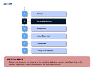 AGENDA


                       1               Overview



                       2               Key Canadian Clusters



                       3               Hiring Trends



                       4               Fresher Talent Pool



                       5               Cost Involved



                       6               Leading R&D Companies




  PREVIEW REPORT
   The current document is a preview to the complete study and provides a brief overview of the
    location insights with some information on the talent pool numbers
 