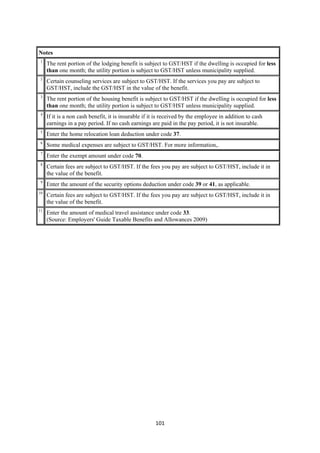 Notes
    1
        The rent portion of the lodging benefit is subject to GST/HST if the dwelling is occupied for less
        than one month; the utility portion is subject to GST/HST unless municipality supplied.
    2
        Certain counseling services are subject to GST/HST. If the services you pay are subject to
        GST/HST, include the GST/HST in the value of the benefit.
    3
        The rent portion of the housing benefit is subject to GST/HST if the dwelling is occupied for less
        than one month; the utility portion is subject to GST/HST unless municipality supplied.
    4
        If it is a non cash benefit, it is insurable if it is received by the employee in addition to cash
        earnings in a pay period. If no cash earnings are paid in the pay period, it is not insurable.
    5
        Enter the home relocation loan deduction under code 37.
    6
        Some medical expenses are subject to GST/HST. For more information,.
    7
        Enter the exempt amount under code 70.
    8
        Certain fees are subject to GST/HST. If the fees you pay are subject to GST/HST, include it in
        the value of the benefit.
    9
        Enter the amount of the security options deduction under code 39 or 41, as applicable.
10
        Certain fees are subject to GST/HST. If the fees you pay are subject to GST/HST, include it in
        the value of the benefit.
11
        Enter the amount of medical travel assistance under code 33.
        (Source: Employers' Guide Taxable Benefits and Allowances 2009)




                                                         101 
 
 