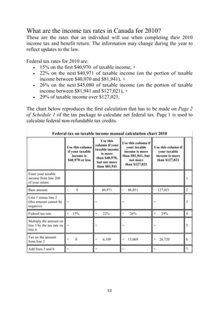 What are the income tax rates in Canada for 2010?
These are the rates that an individual will use when completing their 2010
income tax and benefit return. The information may change during the year to
reflect updates to the law.

Federal tax rates for 2010 are:
   • 15% on the first $40,970 of taxable income, +
   • 22% on the next $40,971 of taxable income (on the portion of taxable
      income between $40,970 and $81,941), +
   • 26% on the next $45,080 of taxable income (on the portion of taxable
      income between $81,941 and $127,021), +
   • 29% of taxable income over $127,021.


The chart below reproduces the first calculation that has to be made on Page 2
of Schedule 1 of the tax package to calculate net federal tax. Page 1 is used to
calculate federal non-refundable tax credits.

                       Federal tax on taxable income manual calculation chart 2010
                                                  Use this
                                                             Use this column if
                                              column if your
                              Use this column                   your taxable      Use this column if
                                              taxable income
                              if your taxable                 income is more         your taxable
                                                  is more
                                  income is                  than $81,941, but     income is more
                                               than $40,970,
                              $40,970 or less                    not more           than $127,021
                                               but not more
                                                               than $127,021
                                               than $81,941

    Enter your taxable
    income from line 260                                                                               1
    of your return

    Base amount               −    0          −   40,971      − 86,051            − 127,021            2

    Line 1 minus line 2
    (this amount cannot be    =               =               =                   =                    3
    negative)

    Federal tax rate          × 15%           ×    22%        ×   26%             ×   29%              4

    Multiply the amount on
    line 3 by the tax rate on =               =               =                   =                    5
    line 4

    Tax on the amount
                              +   0           +    6,109      + 15,069            + 26,720             6
    from line 2

    Add lines 5 and 6         =               =               =                   =                    7




                                                     53 
 
 