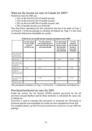 What are the income tax rates in Canada for 2003?
Federal tax rates for 2003 are:
     • 16% on the first $32,183 of taxable income;
     • 22% on the next $32,185 of taxable income;
     • 26% on the next $40,280 of taxable income; and
     • 29% of taxable income over $104,648.
The chart below reproduces the first calculation that has to be made on Page 1
of Schedule 1 of the tax package to calculate net federal tax. Page 1 is also used
to calculate federal non-refundable tax credits.

                         Federal tax on taxable income manual calculation chart 2003
                           Use this column      Use this column if        Use this column     Use this
                           if your taxable    your taxable income is      if your taxable    column if
                               income is     more than $32,183, but not   income is more    your taxable
                           $32,183 or less      more than $64,368          than $64,368,     income is
                                                                            but not more     more than
                                                                           than $104,648      $104,648
    Enter your taxable                                                                                     1
    income from line
    260 of your return

    Base amount            −    0            −   32,183                   −   64,368        − 104,648      2

    Line 1 minus line 2    =                 =                            =                 =              3
    (this amount cannot
    be negative)

    Federal tax rate       ×   16%           ×   22%                      ×    26%          ×    29%       4

    Multiply the           =                 =                            =                 =              5
    amount on line 3 by
    the tax rate on line
    4

    Tax on the amount      +    0            +   5,149                    +   12,230        +   22,703     6
    from line 2

    Add lines 5 and 6      =                 =                            =                 =              7

The calculation continues on Page 2 of Schedule 1 to determine net federal tax.

Provincial/territorial tax rates for 2003
Under the current Tax On Income (TONI) method, provincial tax for all
provinces (except Quebec) and the three territories is calculated the same way
as federal tax.
Form 428 is used to calculate this provincial or territorial tax. Provincial or
territorial specific non-refundable tax credits are also calculated on Form 428.
For complete details, see the Provincial information and forms in your 2003 tax
package.




                                                          67 
 
 