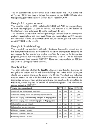 You are considered to have collected HST in the amount of $730.29 at the end
of February 2010. You have to include this amount on your GST/HST return for
the reporting period that includes the last day of February 2010.

Example 3: Long service award
You bought a watch for $560 (including GST/HST and PST) for your employee
to mark the employee's 25 years of service. You reported a taxable benefit of
$560 in box 14 and under code 40 on the employee's T4 slip.
You could not claim an ITC because you bought the watch for the employee's
exclusive personal use and enjoyment. Since you cannot claim an ITC, you are
not considered to have collected GST/HST and, as a result, you will not have to
remit GST/HST on the benefit.

Example 4: Special clothing
You provided your employee with safety footwear designed to protect him or
her from particular hazards associated with his or her employment. Since we do
not consider the footwear to be a taxable benefit to the employee for income tax
purposes, you are not considered to have collected GST/HST on the footwear
and you do not have to remit GST/HST. However, you can claim an ITC for
any GST/HST you paid on the footwear.

Benefits Chart 
This chart indicates whether the taxable allowances and benefits discussed in
this guide are subject to CPP and EI withholdings, and shows which codes you
should use to report them on the employee's T4 slip. The chart also indicates
whether GST/HST has to be included in the value of the taxable benefit for
income tax purposes. Cash reimbursements and non-cash benefits are subject to
GST/HST, unless they are for exempt or zero-rated supplies. Cash allowances
are not subject to GST/HST.
Taxable allowance or benefit                                      CPP   EI    Code   GST/HST
Automobile and motor vehicle allowances                           yes   yes    40       no
Automobile standby charge and operating expense benefits          yes   no     34      yes
                                                                                      [Note 1]
Board and lodging, if cash earnings also paid in the pay period   yes   yes    30
                                                                                      [Note 1]
Board and lodging, if no cash earnings paid in the pay period     yes   no     30
Cellular phone service – in cash                                  yes   yes    40      yes
Cellular phone service – non-cash                                 yes   no     40      yes
Child care expenses – in cash                                     yes   yes    40      yes
Child care expenses – non-cash                                    yes   no     40      yes
                                                                                      [Note 2]
Counseling services – in cash                                     yes   yes    40


                                                98 
 
 
