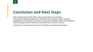 5
Conclusion and Next Steps
Both Canada and Australia offer unique advantages for immigrants.
Choosing the right path depends on individual circumstances, skills, and goals.
Engaging with immigration consultants can provide valuable insights and assistance.
Researching government policies and procedures is crucial for success.
Thank you for exploring this summary of Canada vs Australia Immigration!
 
