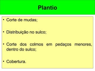 Plantio
• Corte de mudas;
• Distribuição no sulco;
• Corte dos colmos em pedaços menores,
dentro do sulco;
• Cobertura.
 