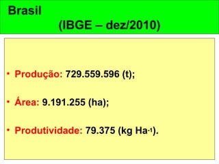 Brasil
(IBGE – dez/2010)
• Produção: 729.559.596 (t);
• Área: 9.191.255 (ha);
• Produtividade: 79.375 (kg Ha-1).
 