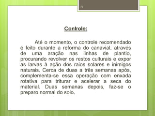 71 
Controle: 
Até o momento, o controle recomendado 
é feito durante a reforma do canavial, através 
de uma aração nas linhas de plantio, 
procurando revolver os restos culturais e expor 
as larvas à ação dos raios solares e inimigos 
naturais. Cerca de duas a três semanas após, 
complementa-se essa operação com enxada 
rotativa para triturar e acelerar a seca do 
material. Duas semanas depois, faz-se o 
preparo normal do solo. 
 