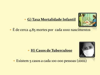  G) Taxa Mortalidade Infantil
 É de cerca 4,85 mortes por cada 1000 nascimentos
 H) Casos de Tuberculose
 Existem 5 casos a cada 100 000 pessoas (2002)
 