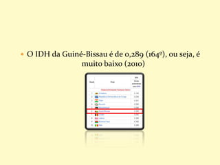  O IDH da Guiné-Bissau é de 0,289 (164º), ou seja, é
muito baixo (2010)
 