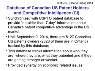 © Muchiu (Henry) Chang 2014 
Database of Canadian US Patent Holders 
and Competitive Intelligence (CI) 
• Synchronized with USPTO patent database to 
provide “no-older-than-7-day” information about 
Canada’s patent competitive advantage in the US 
market; 
• Until September 9, 2014, there are 5127 Canadian 
US patents owners (2328 of them are in Ontario) 
tracked by this database; 
• This database tracks information about who they 
are, where they are, what they patented and if they 
are getting stronger or weaker; 
• Provided synergy on economic related issues. 
 