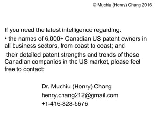 If you need the latest intelligence regarding:
• the names of 6,000+ Canadian US patent owners in
all business sectors, from coast to coast; and
their detailed patent strengths and trends of these
Canadian companies in the US market, please feel
free to contact:
Dr. Muchiu (Henry) Chang
henry.chang212@gmail.com
+1-416-828-5676
© Muchiu (Henry) Chang 2016
 