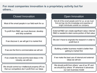 For most companies innovation is a proprietary activity but for
others...

            Closed Innovation                                       Open Innovation
                                                        Not all of the smart people work for us, so we must
 Most of the smart people in our field work for us       find and tap into the knowledge and expertise of
                                                               bright individuals outside our company


 To profit from R&D, we must discover, develop         External R&D can create significant value; internal
                and ship ourselves                     R&D is needed to claim some portion of that value


                                                       We don´t have to originate the research in order to
   If we discover it, we will get it to market first                     profit from it


                                                         Building a better business model is better than
  If we are the first to commercialize we will win                    getting to market first


 If we create the most and the best ideas in the        If we make the best use of internal and external
               industry, we will win                                   ideas we will win

                                                        We should profit from others´ use of our IP, and
We should control our intellectual property (IP) so     we should buy others´ IP whenever it advances
 that our competitors don´t profit from our ideas                  our own business model             11
 