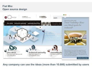 Fiat Mio:
Open source design




Any company can use the ideas (more than 10.000) submitted by users
                                                                 28
 