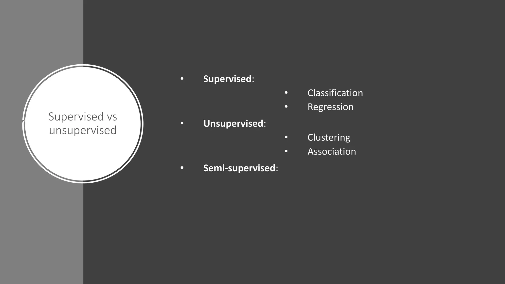 Canadian Cloud Summit
Supervised vs
unsupervised
• Supervised:
• Classification
• Regression
• Unsupervised:
• Clustering
• Association
• Semi-supervised:
 