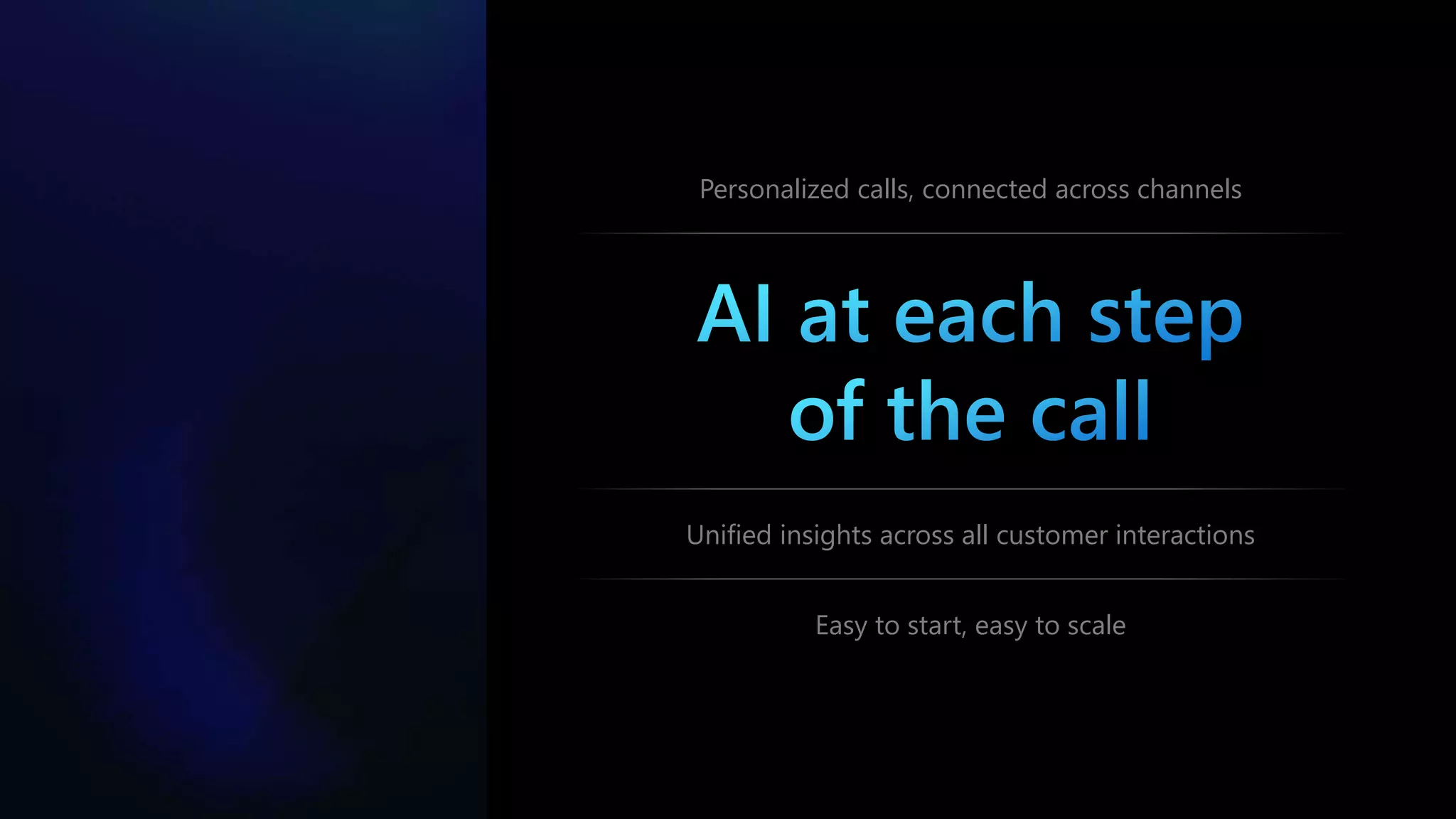 Personalized calls, connected across channels
Unified insights across all customer interactions
Easy to start, easy to scale
 