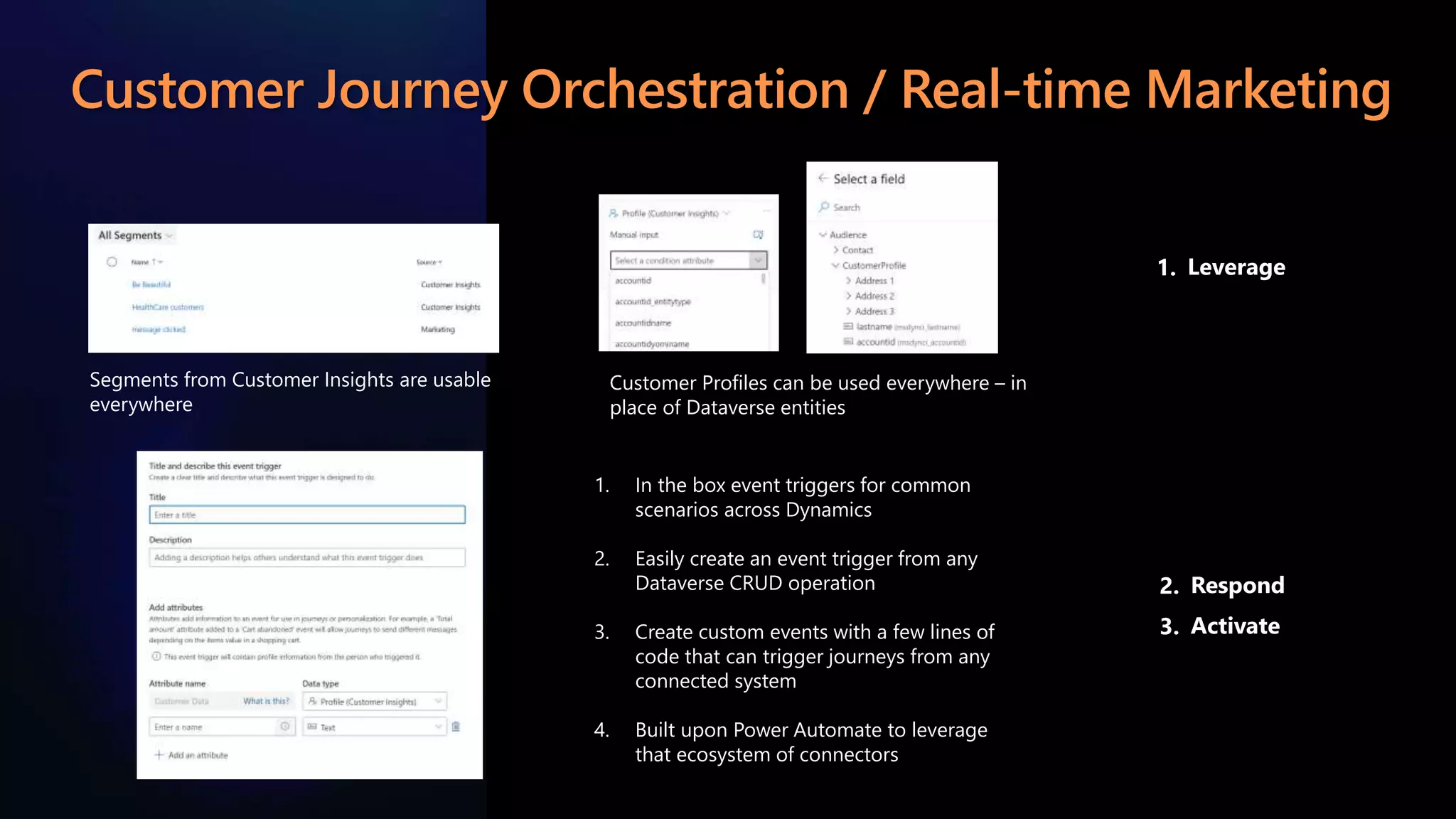 Customer Journey Orchestration / Real-time Marketing
Leverage
1.
Respond
2.
Segments from Customer Insights are usable
everywhere
Customer Profiles can be used everywhere – in
place of Dataverse entities
1. In the box event triggers for common
scenarios across Dynamics
2. Easily create an event trigger from any
Dataverse CRUD operation
3. Create custom events with a few lines of
code that can trigger journeys from any
connected system
4. Built upon Power Automate to leverage
that ecosystem of connectors
Activate
3.
 