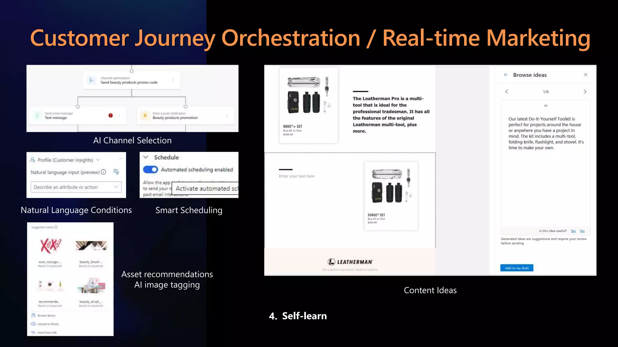 Customer Journey Orchestration / Real-time Marketing
AI Channel Selection
Self-learn
4.
Asset recommendations
AI image tagging
Natural Language Conditions Smart Scheduling
Content Ideas
 