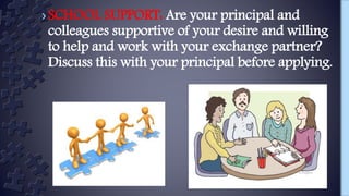 ›SCHOOL SUPPORT: Are your principal and
colleagues supportive of your desire and willing
to help and work with your exchange partner?
Discuss this with your principal before applying.
 