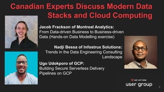 5
Ugo Udokporo of GCP:
Building Secure Serverless Delivery
Pipelines on GCP
Nadji Bessa of Infostrux Solutions:
Trends in the Data Engineering Consulting
Landscape
Jacob Frackson of Montreal Analytics:
From Data-driven Business to Business-driven
Data (Hands-on Data Modelling exercise)
Canadian Experts Discuss Modern Data
Stacks and Cloud Computing
 