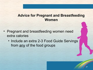 27 
Advice for Pregnant and Breastfeeding 
Women 
• Pregnant and breastfeeding women need 
extra calories 
• Include an extra 2-3 Food Guide Servings 
from any of the food groups 
 