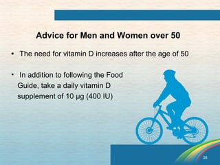 28 
Advice for Men and Women over 50 
• The need for vitamin D increases after the age of 50 
• In addition to following the Food 
Guide, take a daily vitamin D 
supplement of 10 μg (400 IU) 
 
