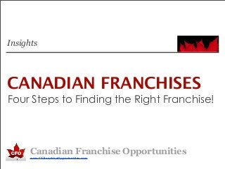 Four Steps to Finding the Right Franchise!
Canadian Franchise Opportunities
www.CAfranchiseOpportunities.com
CANADIAN FRANCHISES
Insights
 