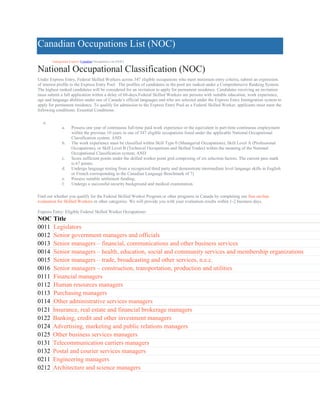 Canadian Occupations List (NOC)
Immigration Experts>Canadian Occupations List (NOC)
National Occupational Classification (...