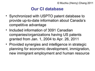 Our  CI database   Synchronized with  USPTO patent database  to provide up-to-date information about Canada’s competitive advantage  Included information of 3091 Canadian companies/organizations having US patents granted from Jan. 1, 2004 to Apr. 26, 2011 Provided synergies and intelligence in strategic planning for economic development, immigration, new immigrant employment and human resource  ©  Muchiu  (Henry)  Chang 2011 