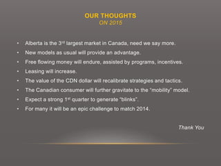 OUR THOUGHTS
ON 2015
• Alberta is the 3rd largest market in Canada, need we say more.
• New models as usual will provide an advantage.
• Free flowing money will endure, assisted by programs, incentives.
• Leasing will increase.
• The value of the CDN dollar will recalibrate strategies and tactics.
• The Canadian consumer will further gravitate to the “mobility” model.
• Expect a strong 1st quarter to generate “blinks”.
• For many it will be an epic challenge to match 2014.
Thank You
 