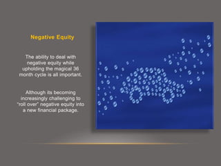 Negative Equity
The ability to deal with
negative equity while
upholding the magical 36
month cycle is all important.
Although its becoming
increasingly challenging to
“roll over” negative equity into
a new financial package.
 