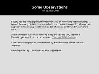 

Subaru has the most significant increase (+21%) of the volume manufacturers;
agreed they carry on their business adhere to a concise strategy, do not resort to
aggressive incentives, probably make a ton of money, and fly under everyone’s
radar.



The mainstream pundits are realising that picks ups are very popular in
Canada…yes we told you so in January…The Love Affair Endures.



CPO sales although good, are impacted by the robustness of new vehicle
programs.



Volvo is perplexing…have wonder what is going on.

 