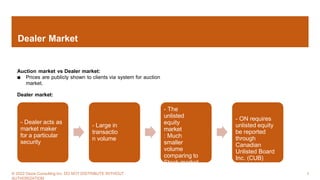 Dealer Market
Auction market vs Dealer market:
■ Prices are publicly shown to clients via system for auction
market.
Dealer market:
- Dealer acts as
market maker
for a particular
security
- Large in
transactio
n volume
- The
unlisted
equity
market
: Much
smaller
volume
comparing to
Stock market.
Mostly junior
issues.
- ON requires
unlisted equity
be reported
through
Canadian
Unlisted Board
Inc. (CUB)
© 2022 Dazia Consulting Inc. DO NOT DISTRIBUTE WITHOUT
AUTHORIZATION
8
 