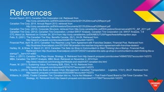 References 
Annual Report. 2013. Canadian Tire Corporation Ltd. Retrieved from 
http://corp.canadiantire.ca/EN/Investors/Documents/2013%20Annual%20Report.pdf 
Canadian Tire Corp. 2014. Annual Report 2013; retrieved from 
http://corp.canadiantire.ca/EN/Investors/Documents/2013%20Annual%20Report.pdf 
Canadian Tire Corp. (2014). Corporate Structure; retrieved from http://corp.canadiantire.ca/EN/Investors/Governance/aif/CTC_AIF_2011.pdf 
Canadian Tire Corp. (2012). Canadian Tire Corporation, Limited SWOT Analysis. Canadian Tire Corporation Ltd. SWOT Analysis, 1-8 
CTC About Us. Retrieved on October 29, 2014 from http://corp.canadiantire.ca/EN/ABOUTUS/Pages/AwardsRecognition.aspx 
Felix, S. (2001). The Canadian Tire Way. Benefits Canada, 25(1), 24-29. Retrieved from 
http://search.proquest.com/docview/224281761?accountid=142373 
Financial Post. April 18, 2013. Canadian Tire Reaches Long-Term Agreement with Franchise Dealers. Financial Post. Retrieved from 
http://business.financialpost.com/2013/04/18/canadian-tire-reaches-long-term-agreement-with-franchise-dealers/ 
Hartley, M., & Shaw, H. March 21, 2013. Canadian Tire Sets Up Shop in Communitech to Start Thinking Like a Startup. Financial Post. 
Retrieved from http://business.financialpost.com/2013/03/21/canadian-tire-sets-up-shop-in-communitech-to-start-thinking-like-a-startup/?__ 
lsa=c101-e063 
Horn, J. (2011). Canadian Tire Plays House. Strategy, 9. Retrieved from http://search.proquest.com/docview/1458457202?accountid=142373 
MBA. Canadian Tire SWOT Analysis. MBA Skool. Retrieved on November 2, 2014 from 
http://www.mbaskool.com/brandguide/lifestyle-and-retail/4307-canadian-tire.html 
Power, M. (2011). Sustaining Value. Purchasing B2B, 53(4), 14-18. Retrieved from 
http://search.proquest.com/docview/878742707?accountid=142373 
Smyrlis, L. (2010). Rewriting the Book on Supply Chain Management. Canadian Transportation Logistics, 113(1), 26-27. Retrieved from 
http://search.proquest.com/docview/203022595?accountid=142373 
Williams, N. (2006). Finalist Canadian Tire: Canadian Idol no, You're Not Mistaken – That Fresh-Faced Brand is Old-Timer Canadian Tire. 
Strategy, 42. Retrieved from http://search.proquest.com/docview/214173947?accountid=142373 
