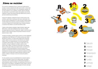 ¿Cómo se reciclan?
En el caso de los contenedores de acero, lo único que se requiere para su
reciclaje es una previa separación del estaño que los recubre, lo cual se logra
fácilmente a través del uso de imanes. Esto es absolutamente imposible con
otro tipo de material. Una vez separados, se pueden vender (los materiales
de recubrimiento y el acero libre de estaño) como productos nuevos de alta
calidad que se utilizan como materias primas para elaborar nuevos envases o
para hacer materiales para otras industrias.


El proceso de separación y producción de nuevos envases de acero es tan
económico, que de hecho se calcula que crearlo nuevo cuesta cuatro veces
más que reciclarlo constantemente. Por su parte, las latas de aluminio pueden
reciclarse después de que pasan por un proceso de fundición; en esta fase se
convierten en lingotes que son transformados luego en láminas de aluminio.
La mayoría de estas láminas se convierten nuevamente en latas.


Cuando se utiliza aluminio recuperado en lugar de materias vírgenes para
fabricar latas, se ahorra aproximadamente 95 por ciento de la cantidad
de energía requerida en el proceso. Simplemente, cuando se recicla una lata de
aluminio se ahorra suficiente energía como para hacer funcionar un televisor
durante tres horas y media.


Al igual que la hojalata, el aluminio puede convertirse en envases rápidamente:
se pueden hacer hasta 2000 latas (de 355 mililitros cada una) ¡por minuto!
Más allá de los números, el reciclaje de latas también ofrece una peculiar
ventaja: cuando un envase se recicla, no existe diferencia con el material
original, es decir, no se puede determinar en un envase qué proporción
corresponde a metal reciclado, lo cual supone una ventaja frente a otros
materiales, en los que la calidad de lo reciclado es inferior a la del              1   Selección
material virgen. Además, el reciclaje de las latas brinda a otras industrias
ahorros en costos para el abasto de sus materias primas. Las latas de acero         2   Limpieza
recuperadas se destinan principalmente al mercado nacional (acerías
eléctricas y de construcción) mientras que las latas de aluminio se destinan
indistintamente al mercado nacional o a la exportación en plantas de reciclado
                                                                                    3   Prensado
integrales, que sirven luego para la industria automotriz (cabezas de motor,
pistones o cilindros) o bien para el sector de la construcción (perfiles y          4   Transportación
estructuras).
                                                                                    5   Reciclado
No sólo es posible reconocer la sustentabilidad de los recipientes metálicos
a partir de la abundante existencia de sus materias primas, sino también
otros factores como la constante mejora en la fabricación del laminado, el
                                                                                    6   Fundido
perfeccionamiento continuo en el diseño y las características de los envases, las
formas cada vez más modernas y sustentables de envasar, proteger y preservar        7   Laminado
los productos, así como la eficiente forma de acopiar los envases vacíos para
su consecuente reciclaje.                                                           8   Cortado
 