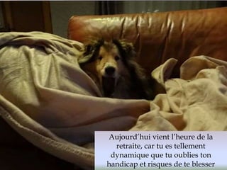 Aujourd’hui vient l’heure de la 
retraite, car tu es tellement 
dynamique que tu oublies ton 
handicap et risques de te blesser 
 