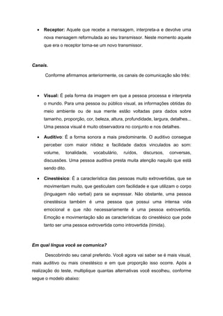 •   Receptor: Aquele que recebe a mensagem, interpreta-a e devolve uma
      nova mensagem reformulada ao seu transmissor. Neste momento aquele
      que era o receptor torna-se um novo transmissor.



Canais.

      Conforme afirmamos anteriormente, os canais de comunicação são três:



  •   Visual: É pela forma da imagem em que a pessoa processa e interpreta
      o mundo. Para uma pessoa ou público visual, as informações obtidas do
      meio ambiente ou de sua mente estão voltadas para dados sobre
      tamanho, proporção, cor, beleza, altura, profundidade, largura, detalhes...
      Uma pessoa visual é muito observadora no conjunto e nos detalhes.

  •   Auditivo: É a forma sonora a mais predominante. O auditivo consegue
      perceber com maior nitidez e facilidade dados vinculados ao som:
      volume,    tonalidade,   vocabulário,   ruídos,    discursos,   conversas,
      discussões. Uma pessoa auditiva presta muita atenção naquilo que está
      sendo dito.

  •   Cinestésico: É a característica das pessoas muito extrovertidas, que se
      movimentam muito, que gesticulam com facilidade e que utilizam o corpo
      (linguagem não verbal) para se expressar. Não obstante, uma pessoa
      cinestésica também é uma pessoa que possui uma intensa vida
      emocional e que não necessariamente é uma pessoa extrovertida.
      Emoção e movimentação são as características do cinestésico que pode
      tanto ser uma pessoa extrovertida como introvertida (tímida).



Em qual língua você se comunica?

      Descobrindo seu canal preferido. Você agora vai saber se é mais visual,
mais auditivo ou mais cinestésico e em que proporção isso ocorre. Após a
realização do teste, multiplique quantas alternativas você escolheu, conforme
segue o modelo abaixo:
 