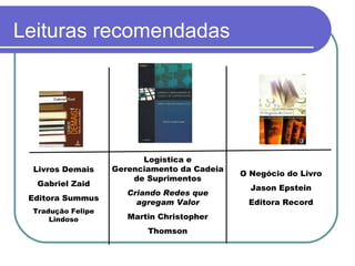 Leituras recomendadas Livros Demais Gabriel Zaid Editora Summus Tradução Felipe Lindoso Logística e Gerenciamento da Cadeia de Suprimentos Criando Redes que agregam Valor Martin Christopher Thomson O Negócio do Livro Jason Epstein Editora Record 