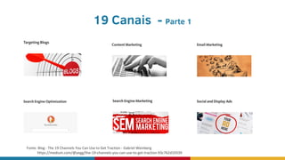 19 Canais - Parte 1
Fonte: Blog - The 19 Channels You Can Use to Get Traction - Gabriel Weinberg
https://medium.com/@yegg/the-19-channels-you-can-use-to-get-traction-93c762d19339
 