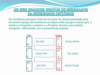 Os meridianos principais unem-se em pares de mesma polaridade para
formarem 6 grupos de meridianos que ligam o Alto (yang) e o baixo (yin), a
direita e o Esquerdo, o anterior e o Posterior, formam uma unidade
energética diferenciada, com características próprias.

                YIN                      YANG
                P                         IG
                       TAI YIN                    YANG MING
                BP                         E

                C                          ID
                       SHAO YIN                     TAI YANG
                R                          B

                MC                        TA
                        JUE YIN                   SHAO YANG
                F                         VB
 