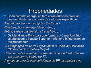 PropriedadesPropriedades
 Cada camada energética tem características própriasCada camada energética tem características próprias
que manifestam-se através de sintomas específicosque manifestam-se através de sintomas específicos::
Aversão ao frio e nuca rígida ( Tai Yang )Aversão ao frio e nuca rígida ( Tai Yang )
Calafrios, boca amarga ( Shao Yang )Calafrios, boca amarga ( Shao Yang )
Febre, sede, constipação ( Yang Ming )Febre, sede, constipação ( Yang Ming )
 Os Meridianos Principais que formam o Canal UnitárioOs Meridianos Principais que formam o Canal Unitário
estabelecem a ligação Superior / Inferior e influenciam-seestabelecem a ligação Superior / Inferior e influenciam-se
reciprocamente.reciprocamente.
A Estagnação de Qi do Fígado afeta o Canal do PericárdioA Estagnação de Qi do Fígado afeta o Canal do Pericárdio
(Síndrome do Túnel do Carpo)(Síndrome do Túnel do Carpo)
Uma dor ciática situada no canal de VB pode tranformar-seUma dor ciática situada no canal de VB pode tranformar-se
em uma dor no trajeto de TA.em uma dor no trajeto de TA.
A umidade gerada pela deficiência de BP, acumula-se noA umidade gerada pela deficiência de BP, acumula-se no
P.P.
 