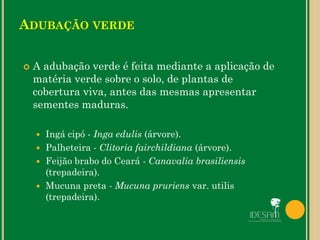 ADUBAÇÃO VERDE
 A adubação verde é feita mediante a aplicação de
matéria verde sobre o solo, de plantas de
cobertura viva, antes das mesmas apresentar
sementes maduras.
 Ingá cipó - Inga edulis (árvore).
 Palheteira - Clitoria fairchildiana (árvore).
 Feijão brabo do Ceará - Canavalia brasiliensis
(trepadeira).
 Mucuna preta - Mucuna pruriens var. utilis
(trepadeira).
 
