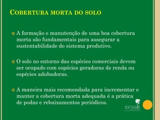 COBERTURA MORTA DO SOLO
 A formação e manutenção de uma boa cobertura
morta são fundamentais para assegurar a
sustentabilidade do sistema produtivo.
 O solo no entorno das espécies comerciais devem
ser ocupado com espécies geradoras de renda ou
espécies adubadoras.
 A maneira mais recomendada para incrementar e
manter a cobertura morta adequada é a prática
de podas e rebaixamentos periódicos.
 