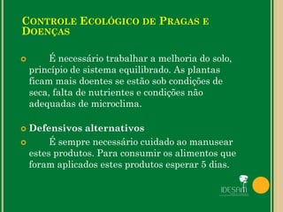  É necessário trabalhar a melhoria do solo,
princípio de sistema equilibrado. As plantas
ficam mais doentes se estão sob condições de
seca, falta de nutrientes e condições não
adequadas de microclima.
 Defensivos alternativos
 É sempre necessário cuidado ao manusear
estes produtos. Para consumir os alimentos que
foram aplicados estes produtos esperar 5 dias.
CONTROLE ECOLÓGICO DE PRAGAS E
DOENÇAS
 