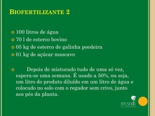 BIOFERTILIZANTE 2
 100 litros de água
 70 l de esterco bovino
 05 kg de esterco de galinha poedeira
 01 kg de açúcar mascavo
 Depois de misturado tudo de uma só vez,
espera-se uma semana. É usado a 50%, ou seja,
um litro do produto diluído em um litro de água e
colocado no solo com o regador sem crivo, junto
aos pés da planta.
 